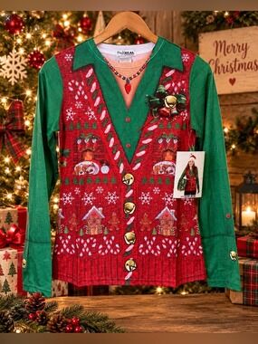 NWT Faux Real Ugly Christmas Sweater Shirt Top Women’s Small 3D Holiday Print